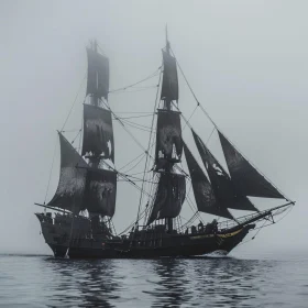 Dark Sailed Ship in Mysterious Fog