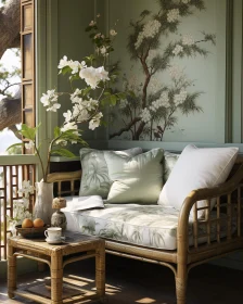 Serene Green Nook with Bamboo Loveseat and Botanical Art