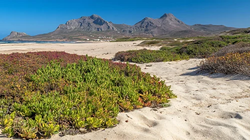 Sandy Shore with Lush Vegetation and Mountainous Horizon