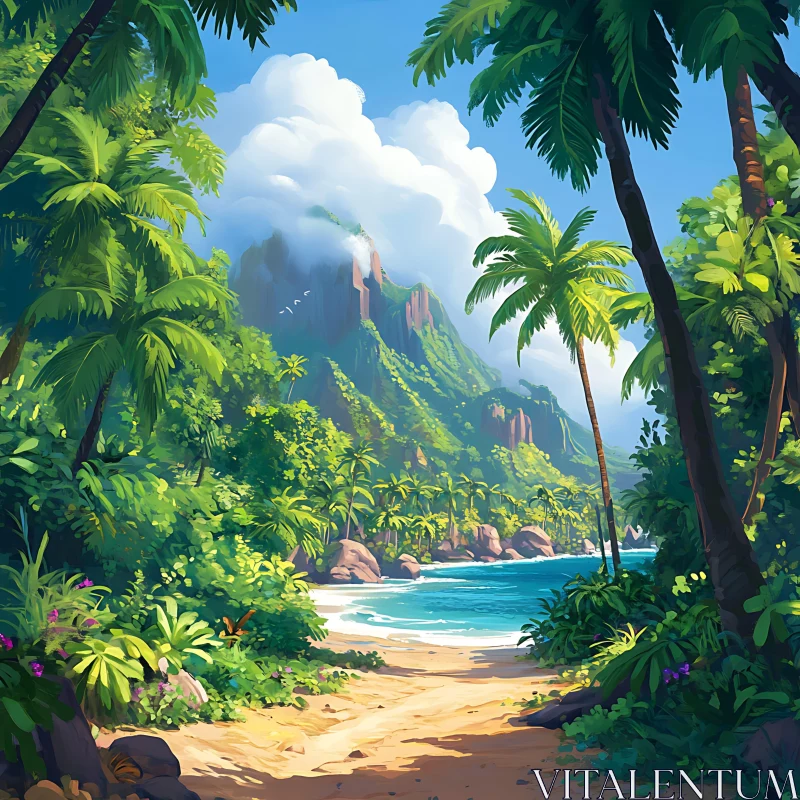 Serene Tropical Beach with Mountain and Palms AI Image