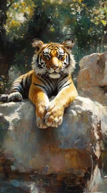 Tiger on Rock in Sunlit Forest