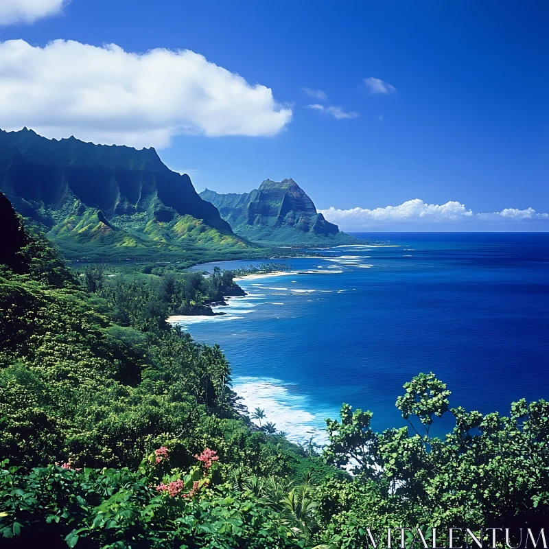 Scenic Island Landscape with Mountains and Ocean AI Image