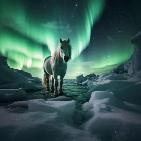 Horse in Icy Landscape with Aurora