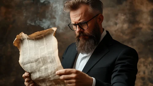 Bearded Man in Suit Reading Vintage Newspaper