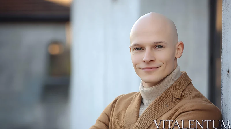 Portrait of a Smiling Bald Man Outdoors AI Image