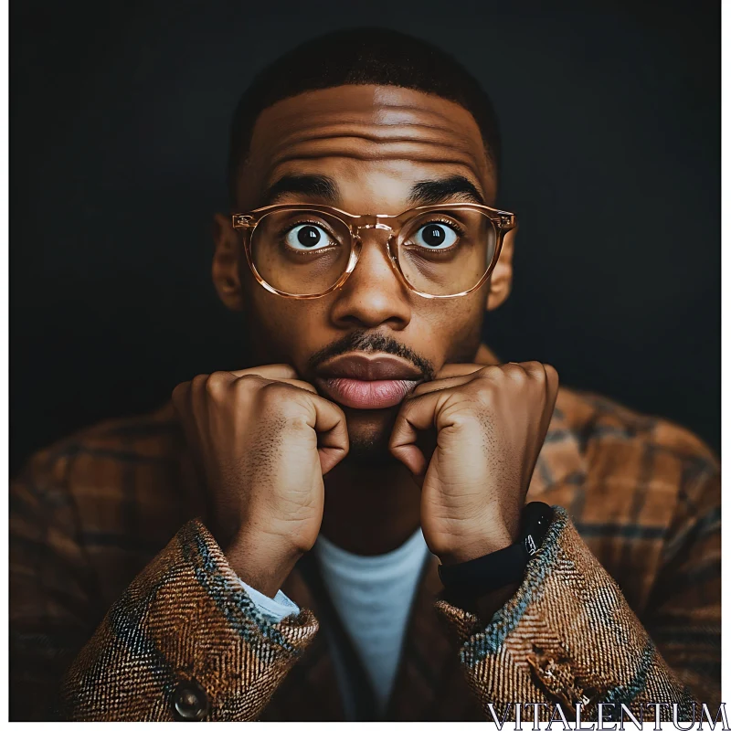 Focused Man with Glasses and Checkered Coat AI Image