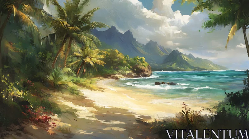 Tropical Beach Landscape with Mountains and Palm Trees AI Image