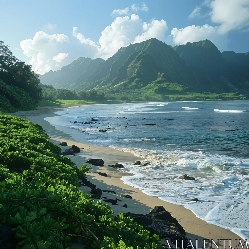 AI ART Tropical Beach with Green Mountains and Ocean Waves