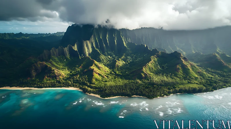 Tropical Island Coastline with Lush Mountains and Beach AI Image