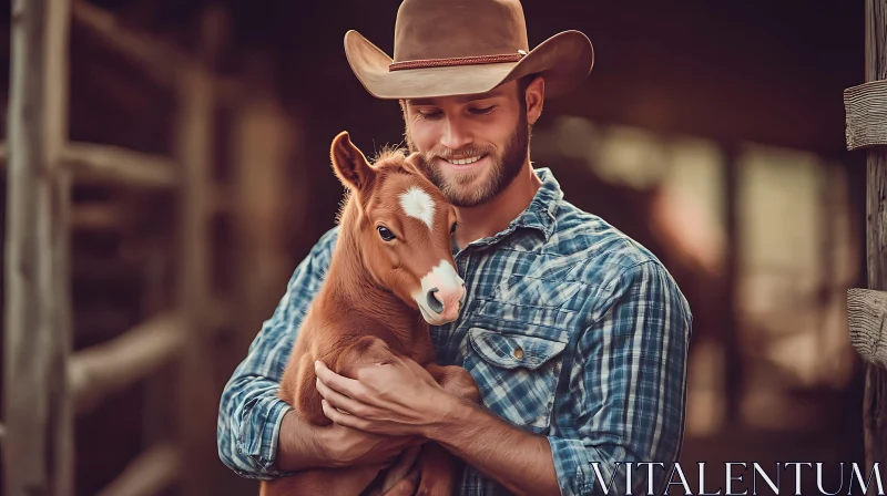 Tender Moment: Cowboy with Foal AI Image