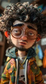 Curly-Haired Cartoon with Glasses