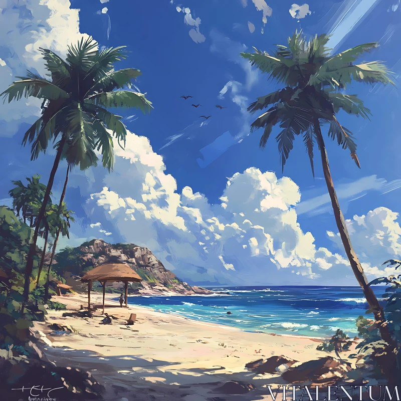 Tropical Shoreline with Palm Trees AI Image