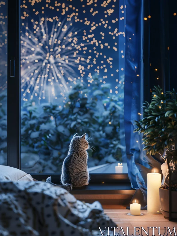 Serene Scene: Fireworks and Feline AI Image