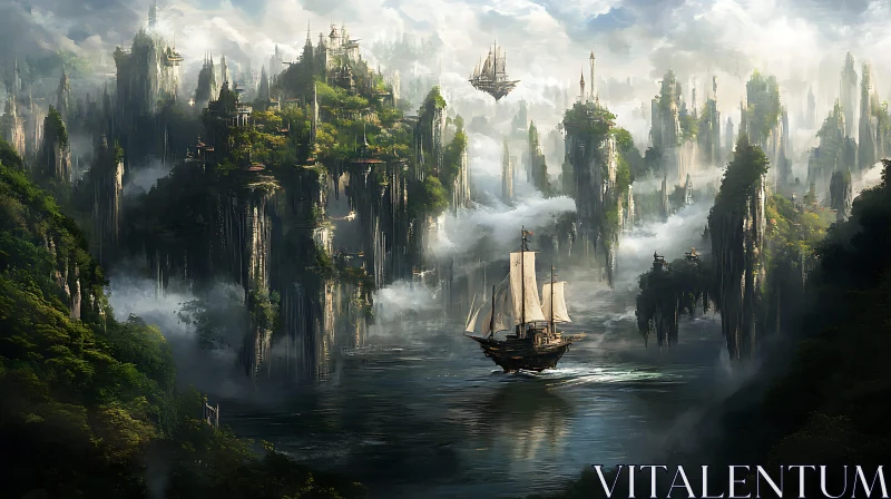 Mystical Foggy Mountainscape with Ancient Sailing Vessel AI Image