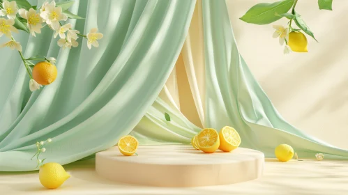 Lemons and Blossoms in Pastel Fabric Setting