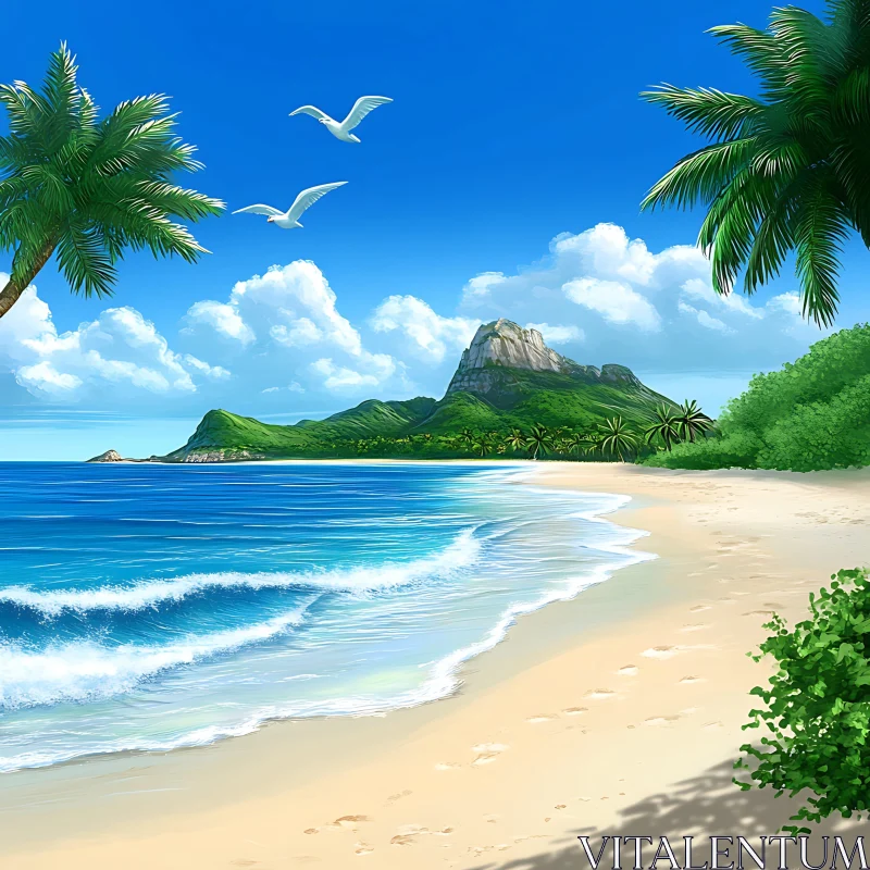 Serene Island Escape with Mountains and Palm Trees AI Image