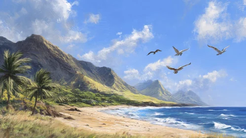 Serene Island Coast with Majestic Mountains and Birds