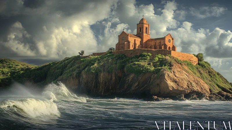 Historic Church Overlooking a Stormy Sea AI Image