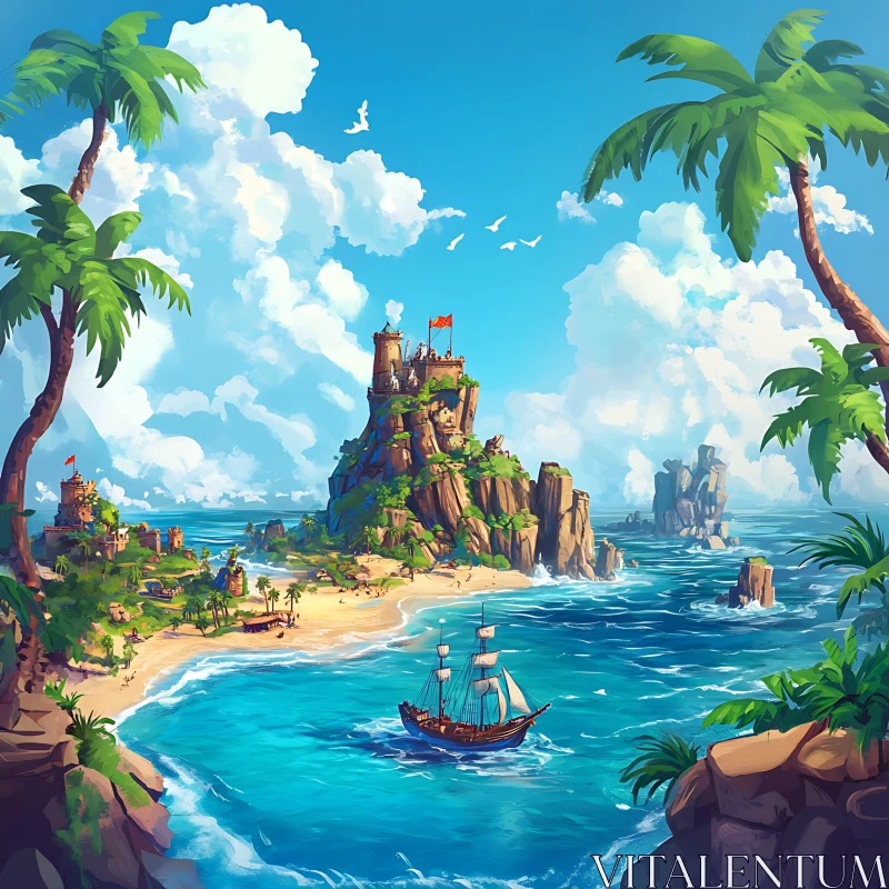 Picturesque Island Landscape with Fort and Ocean AI Image