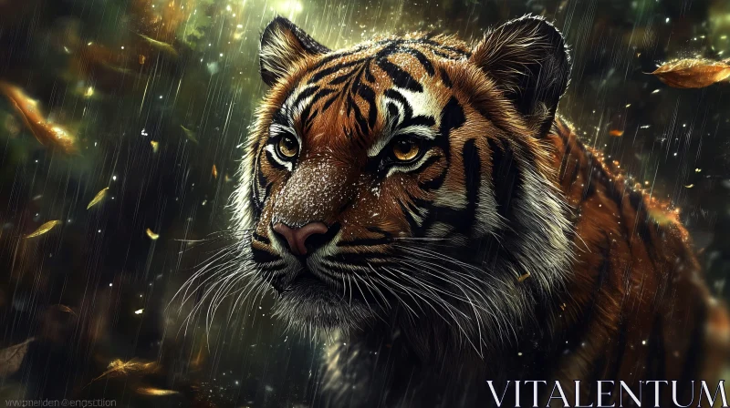 Tiger in Rain - Wildlife Forest Scene AI Image