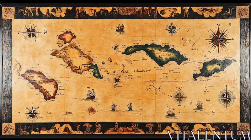 Historical Nautical Map with Illustrated Islands and Ships AI Image