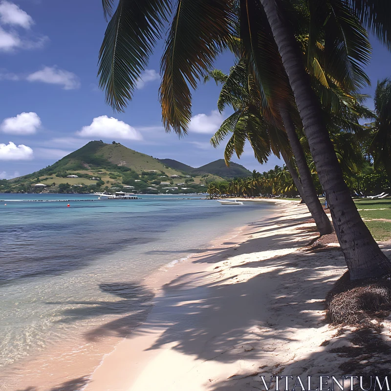 Idyllic Beach Scene with Palms and Mountains AI Image