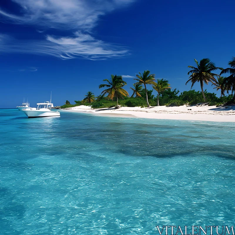 Idyllic Tropical Beach with Palm Trees and Boat AI Image