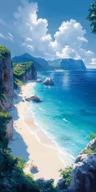 Scenic Coastal View with Blue Skies and Sandy Beach