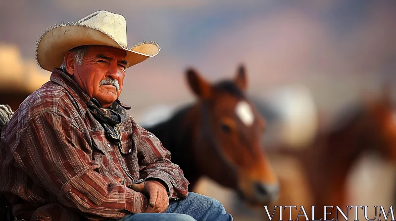 Contemplative Cowboy and Horses AI Image