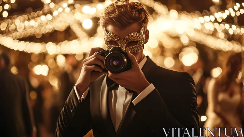 Masked Photographer at a Golden Event AI Image