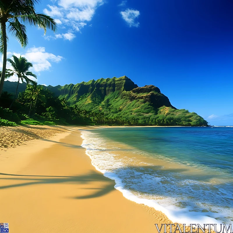 Serene Island Beach with Pristine Waters and Lush Mountains AI Image