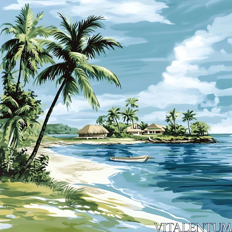 Idyllic Beach with Palm Trees and Ocean AI Image