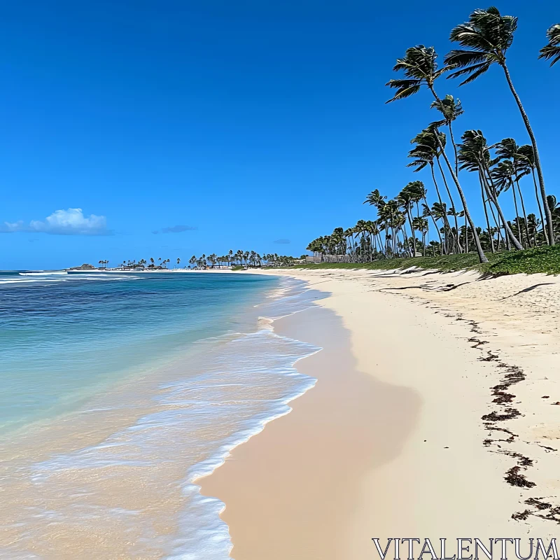 Peaceful Beach Scene with Palm Trees and Clear Blue Skies AI Image