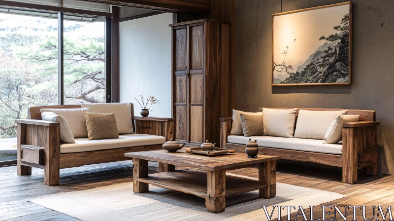 AI ART Zen-Inspired Living Room with Wooden Decor