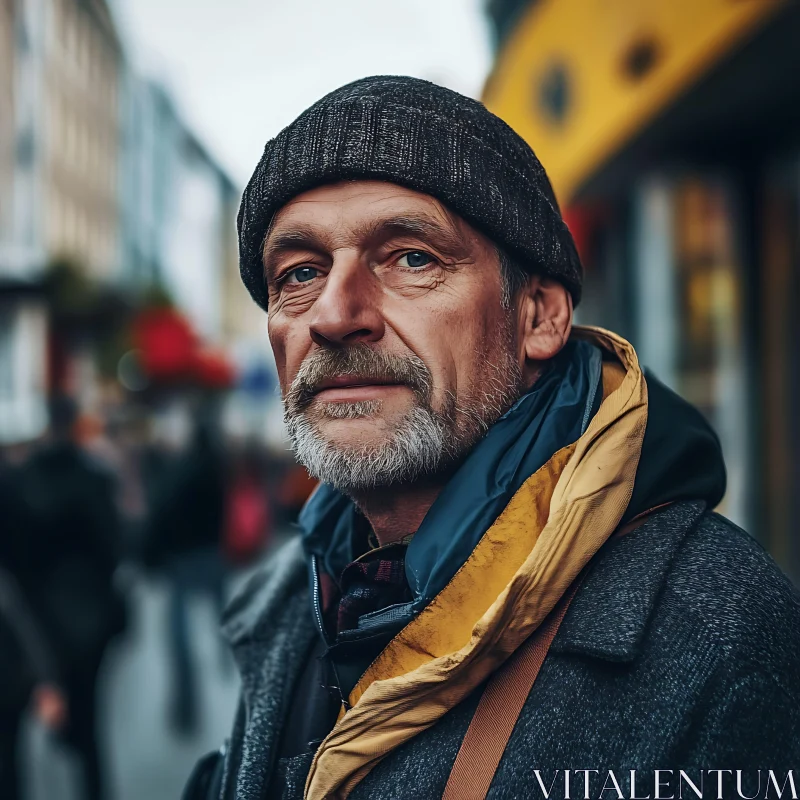 Elderly Man with Blue Eyes and Beanie AI Image