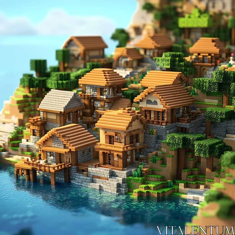 Waterfront Pixel Art Village Scene AI Image