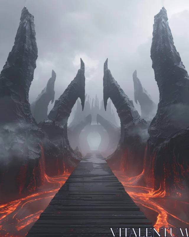 AI ART Surreal Lava-Filled Path and Rocky Arches