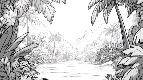 Dense Jungle Scene in Black and White