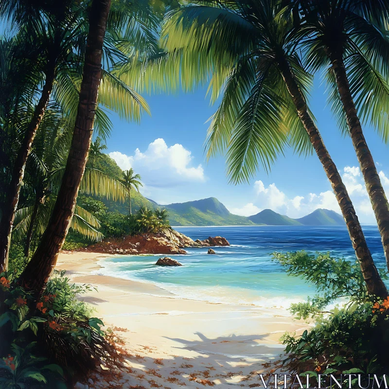 Serene Island Beach Paradise with Lush Palms AI Image