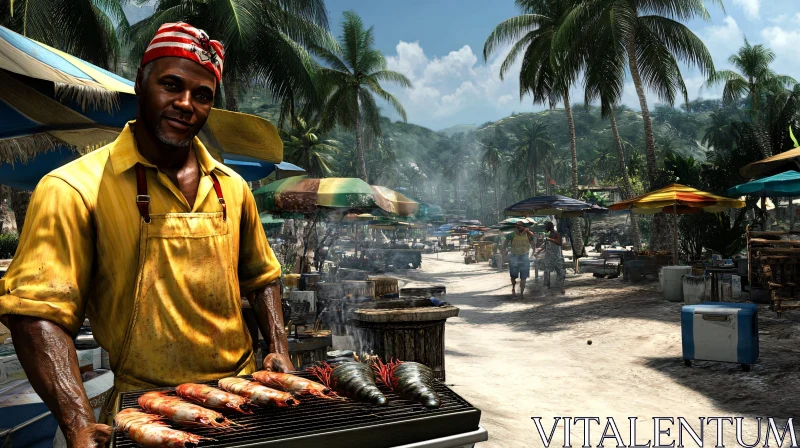 Grill Master at Tropical Beach Market AI Image