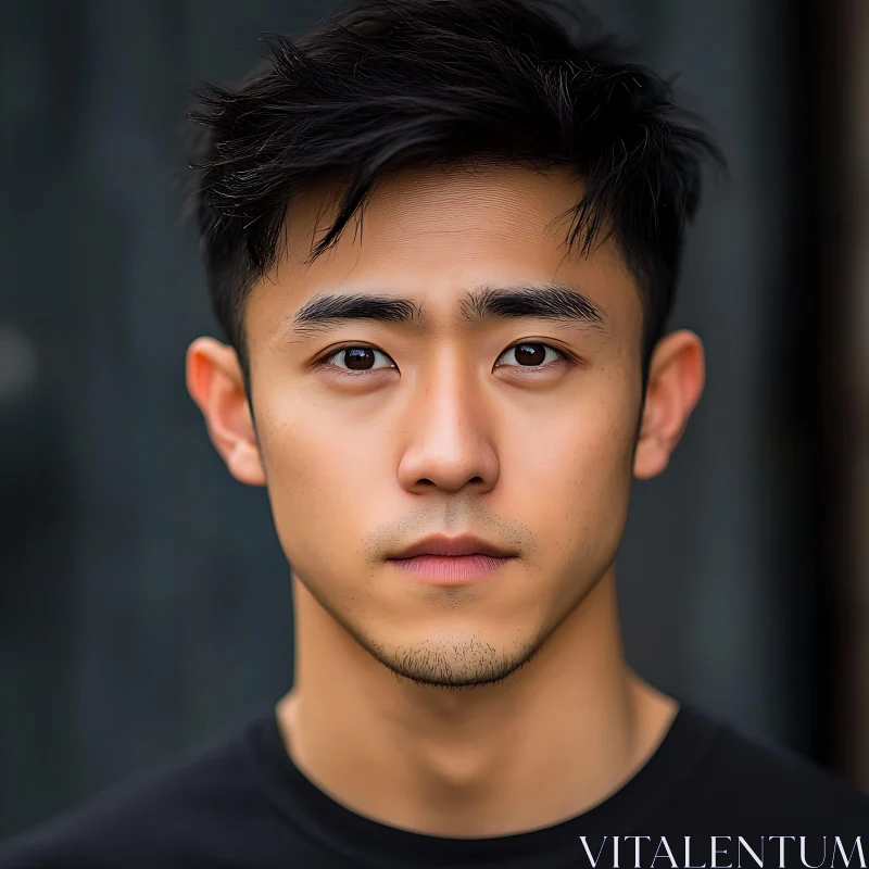 Young Man's Close-Up with Short Black Hair and Soft Facial Features AI Image