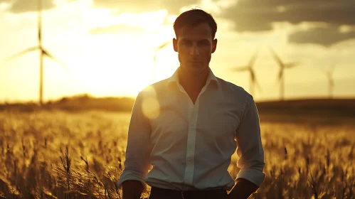 Sunset Scene with Wheat Field, Man, and Windmills