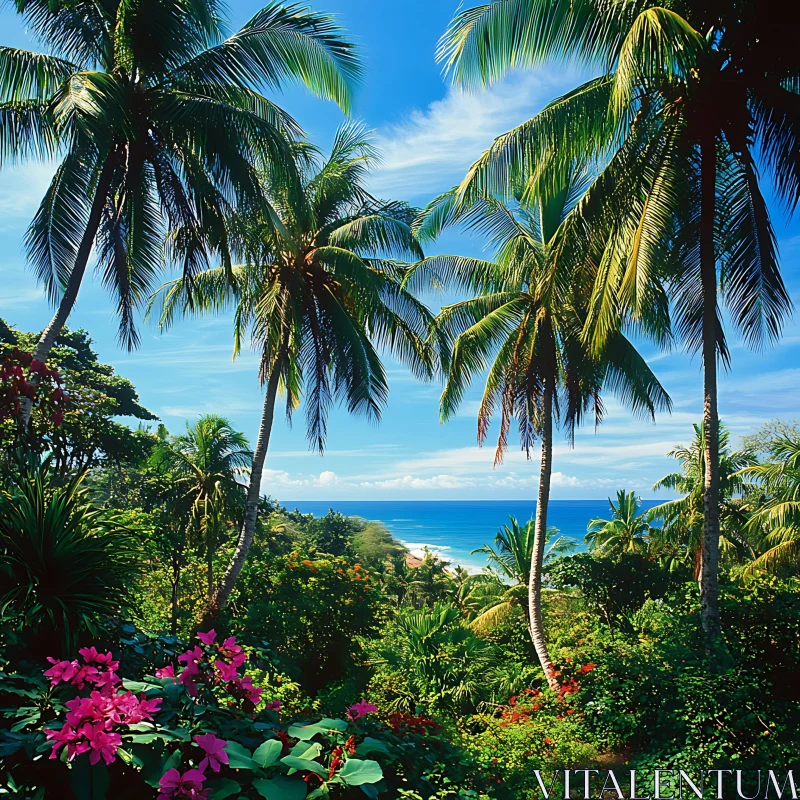 Lush Tropical Landscape Overlooking the Ocean AI Image