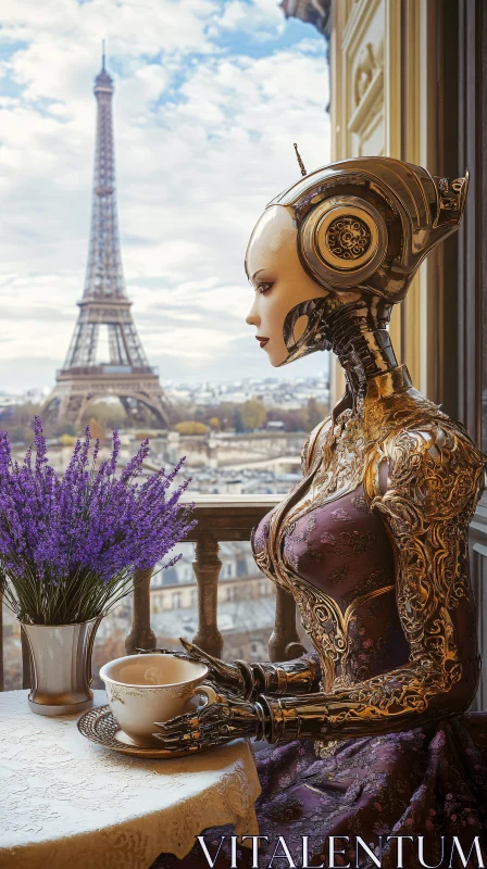 AI ART Sophisticated Cyborg With Paris View