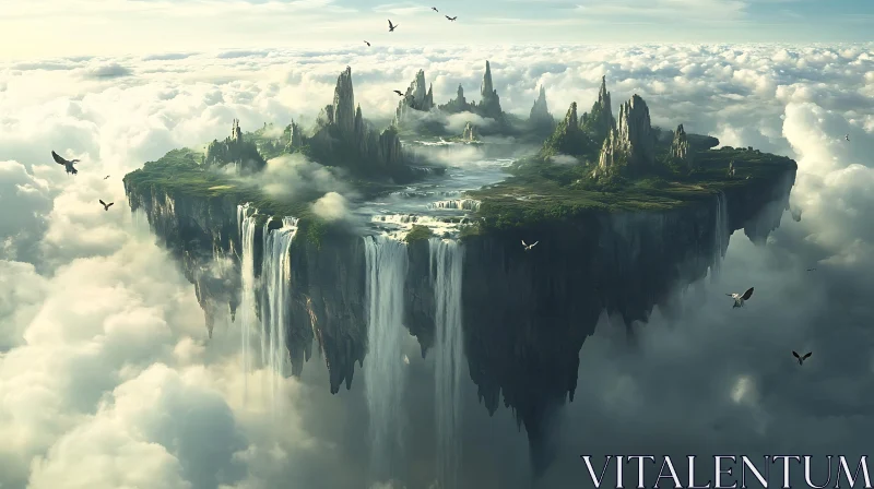 Mystical Floating Island Landscape with Cascading Waterfalls AI Image