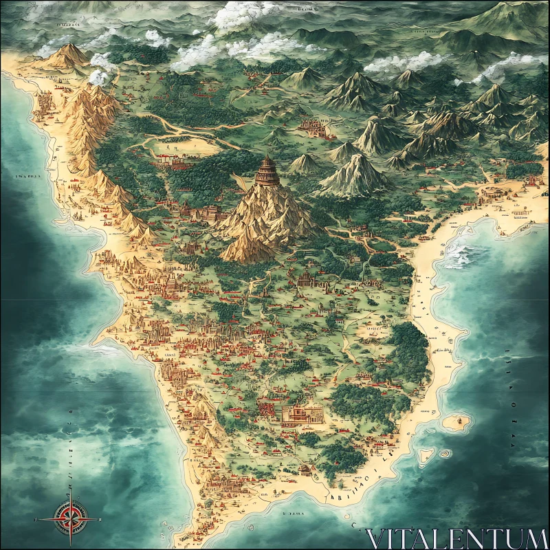 Detailed Cartographic Representation of a Fantasy World AI Image