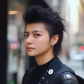 Urban Woman Portrait with Black Leather and Spiky Hair