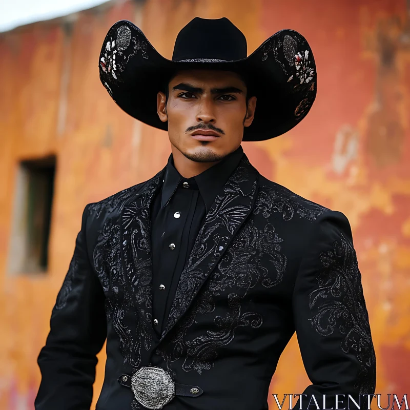 Man in Decorative Cowboy Hat and Black Suit AI Image