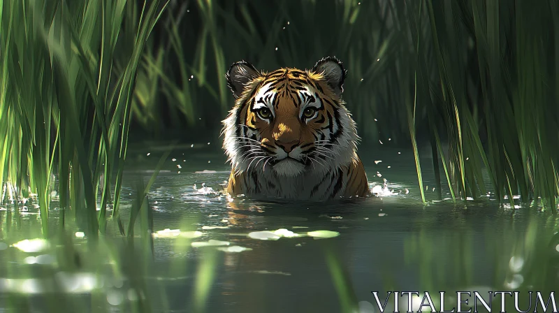 AI ART Tiger in Water Surrounded by Greenery