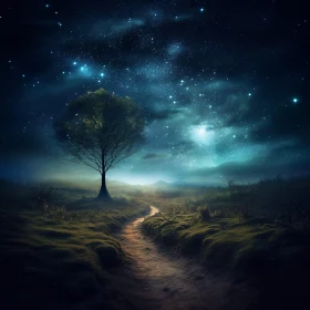 Mystical Night Scene with Tree and Pathway